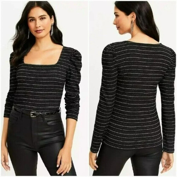 LOFT, New, Black Sparkle Puff Sleeve Square Neck Stretch Knit Top Size Medium - Picture 1 of 12